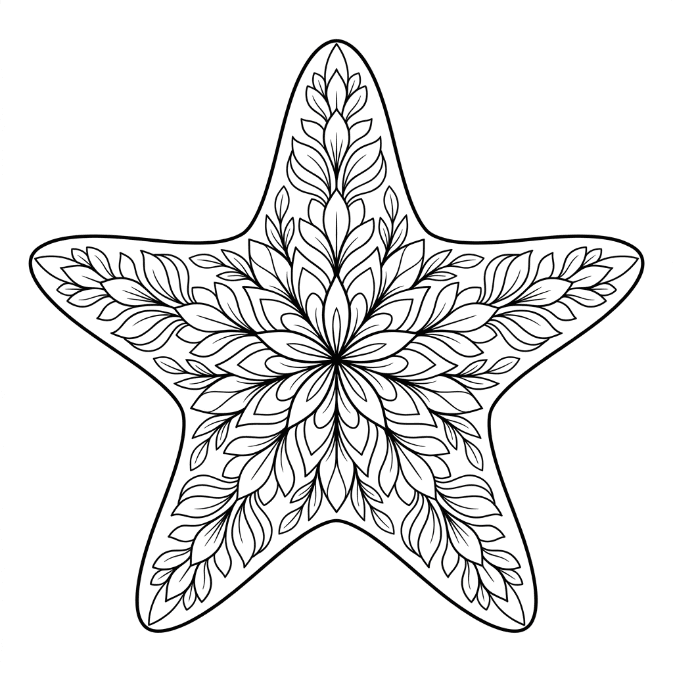 Coloriage Mandala: Étoile de mer avec éléments de pétales et de feuilles Mandalas
