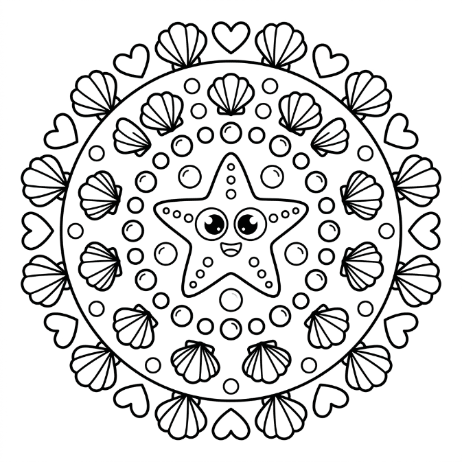 Coloriage Mandala: Étoiles de mer et coquillages Mandalas