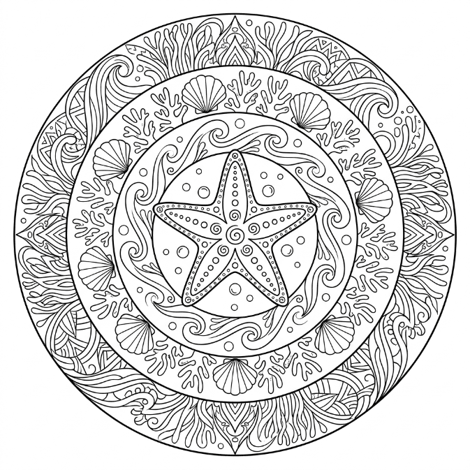 Coloriage Mandala: Étoiles de mer océaniques Mandalas