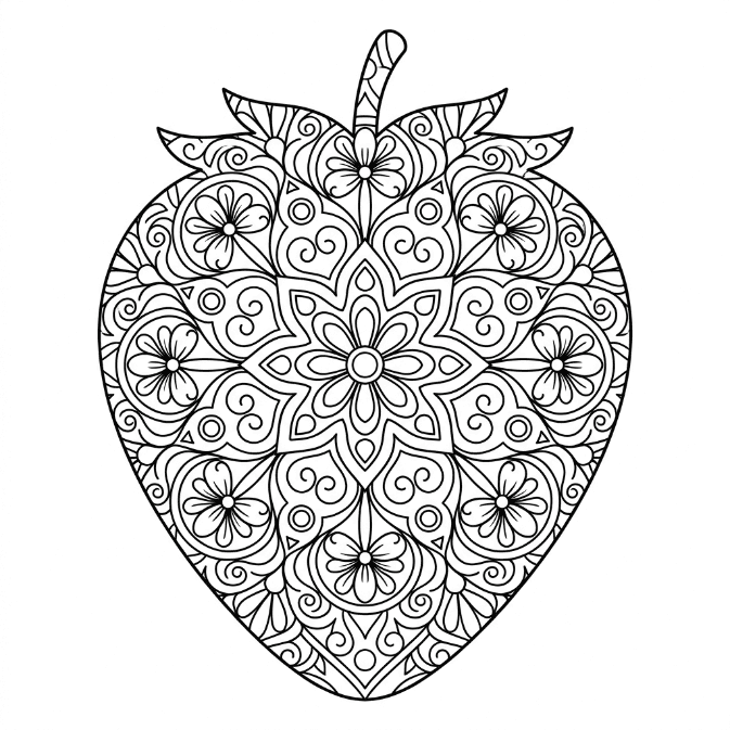 Coloriage Mandala: Fraise avec des éléments floraux Mandalas