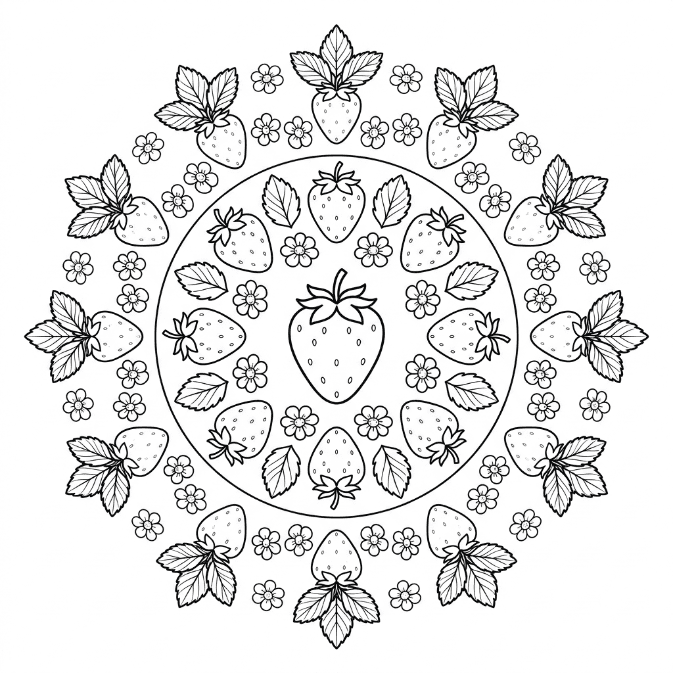 Coloriage Mandala: Fraises avec feuilles et fleurs Mandalas