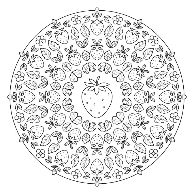 Coloriage Mandala: Fraises et feuilles Mandalas