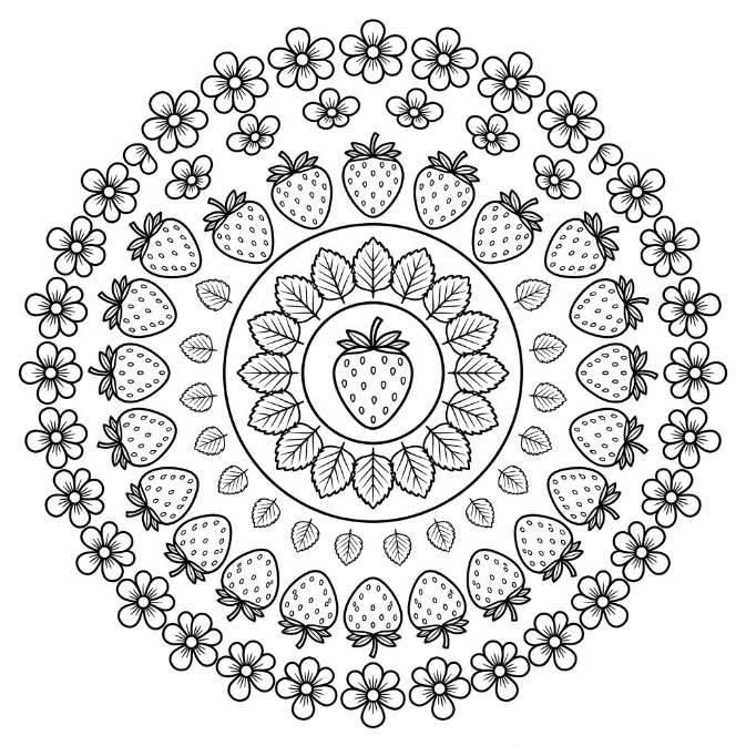 Coloriage Mandala: Fraises et fleurs Mandalas