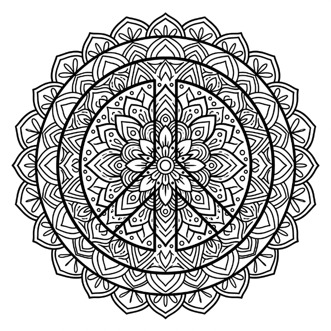 Coloriage Mandala: Paix avec des motifs de pétales Mandalas