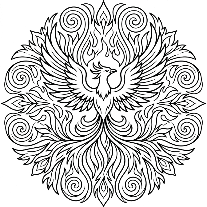 Coloriage Mandala: Phénix aux ailes et à la queue fluides Mandalas