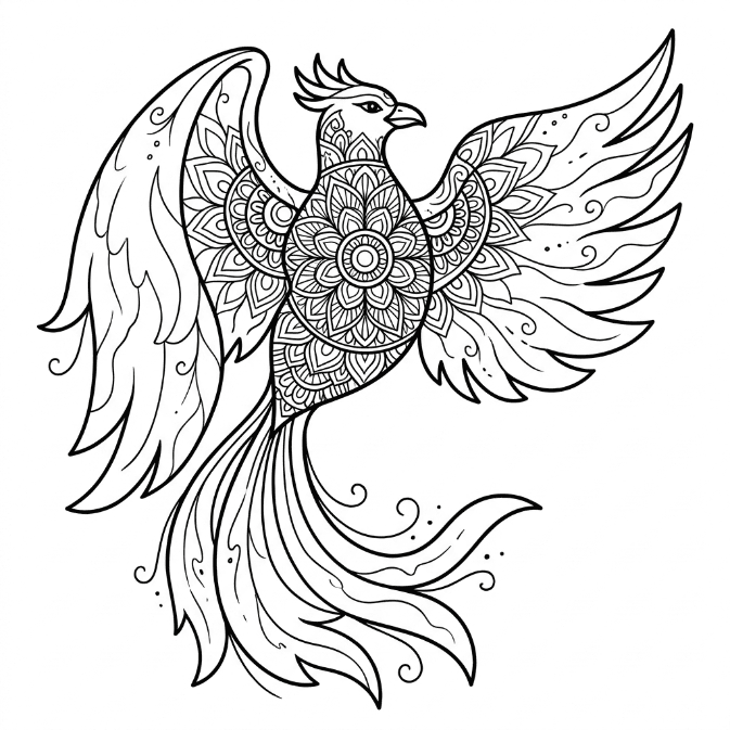 Coloriage Mandala: Phénix aux motifs de pétales Mandalas