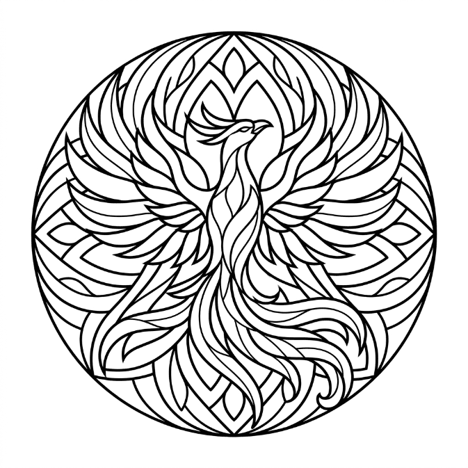 Coloriage Mandala: Phénix aux motifs fluides Mandalas
