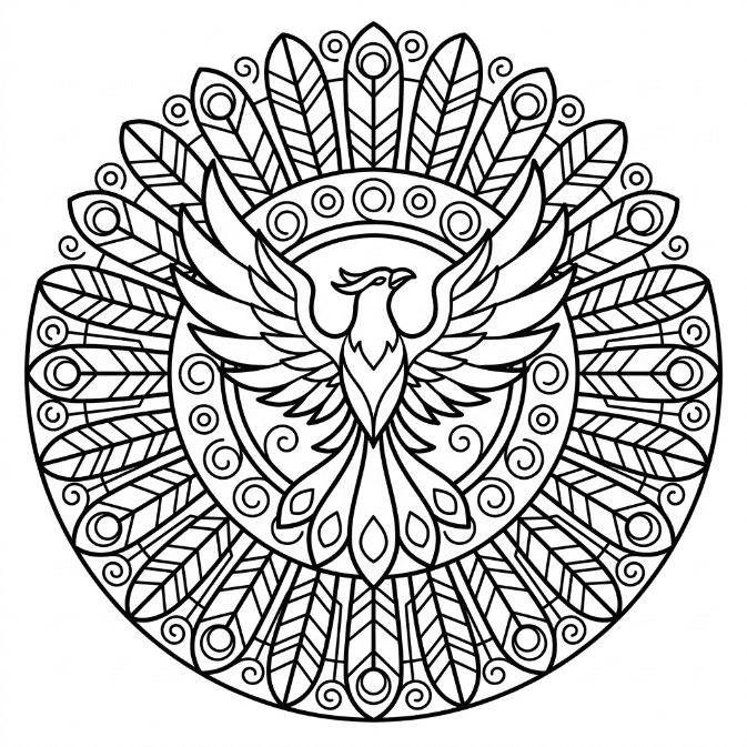 Coloriage Mandala: Phénix et des motifs inspirés des plumes Mandalas