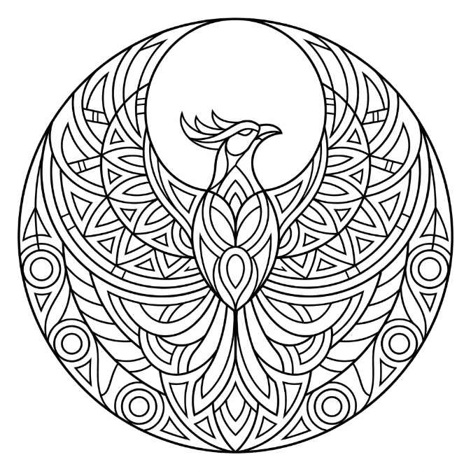 Coloriage Mandala: Phénix géométrique Mandalas