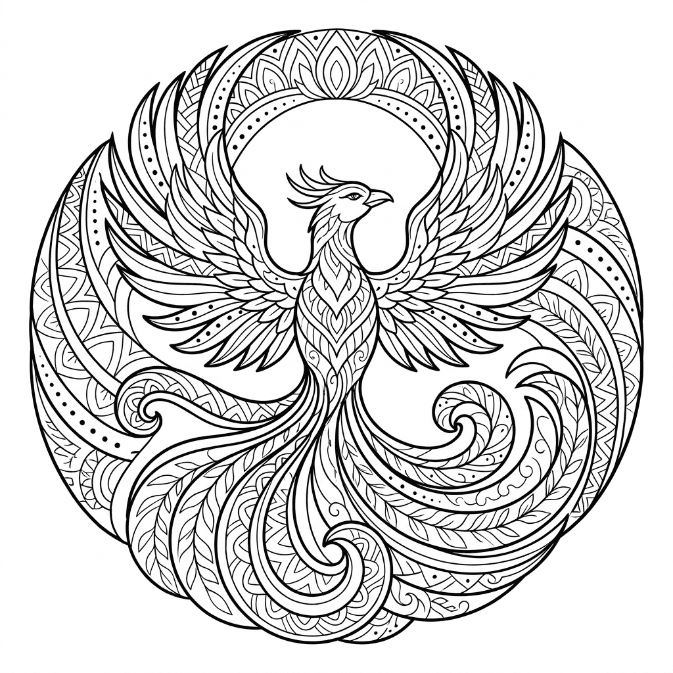 Coloriage Mandala: Phénix inspiré du zentangle Mandalas