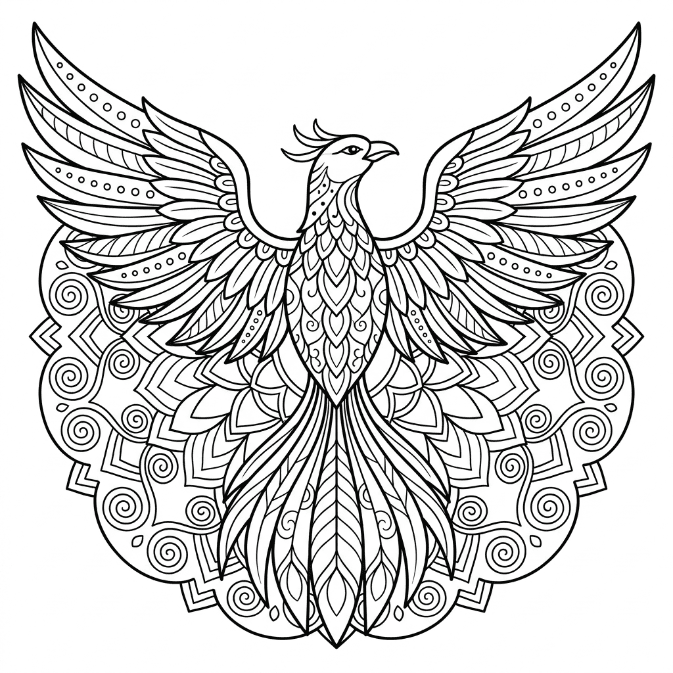Coloriage Mandala: Phénix orné de motifs zentangle Mandalas