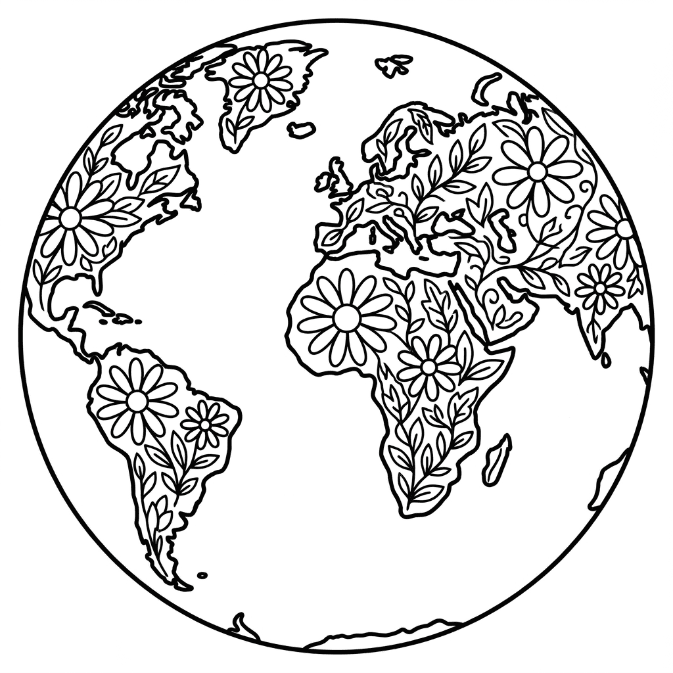 Coloriage Mandala: Terre avec des continents floraux Mandalas