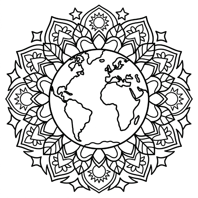 Coloriage Mandala: Terre avec des éléments naturels Mandalas