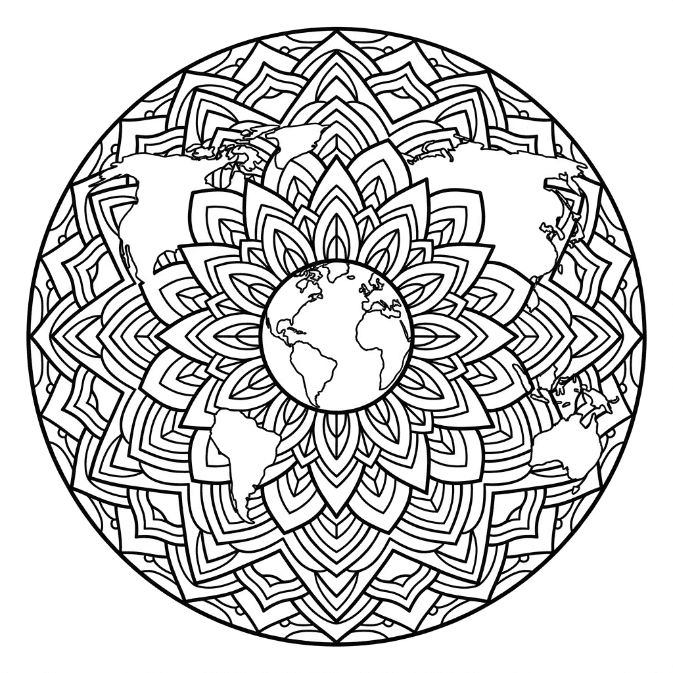 Coloriage Mandala: Terre avec des motifs de pétales Mandalas