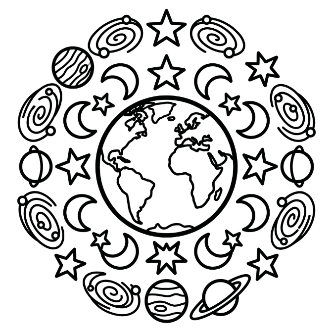 Coloriage Mandala: Terre et éléments spatiaux Mandalas