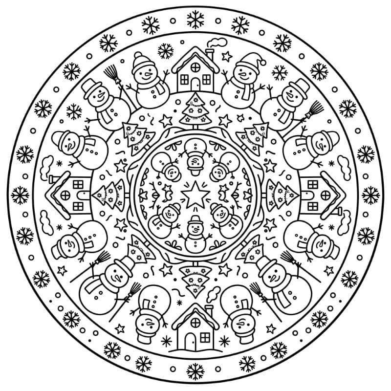 Coloriage Mandala: Village d'hiver de bonshommes de neige Mandalas