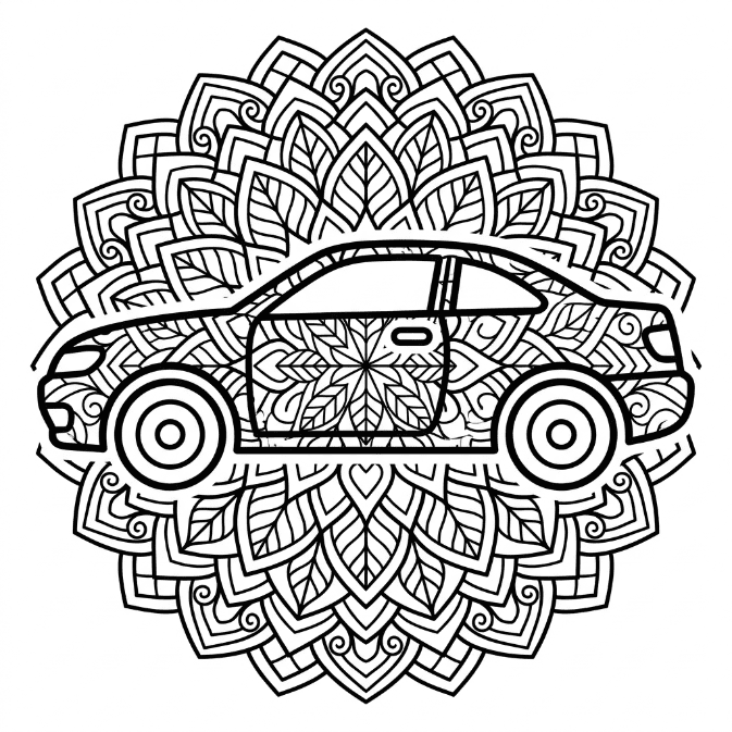 Coloriage Mandala: Voiture à motifs de feuilles Mandalas