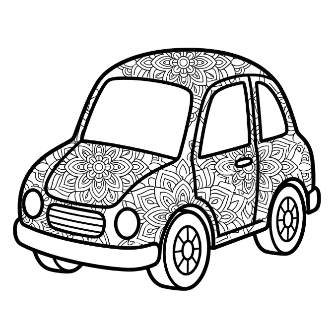 Coloriage Mandala: Voiture à motifs floraux symétriques Mandalas
