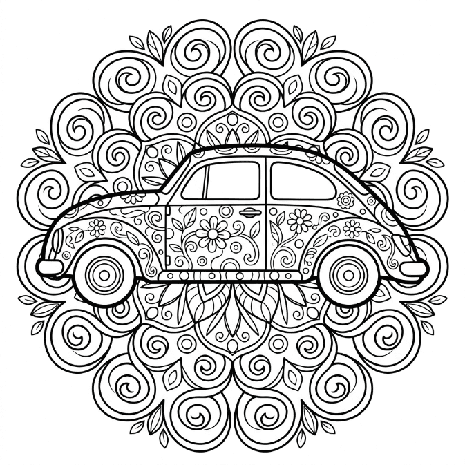 Coloriage Mandala: Voiture avec éléments floraux Mandalas