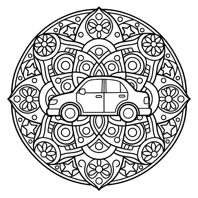 Coloriage Mandala: Voiture avec motifs décoratifs Mandalas