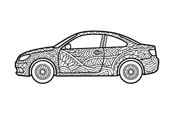 Coloriage Mandala: Voiture avec panneaux de carrosserie à motifs Mandalas