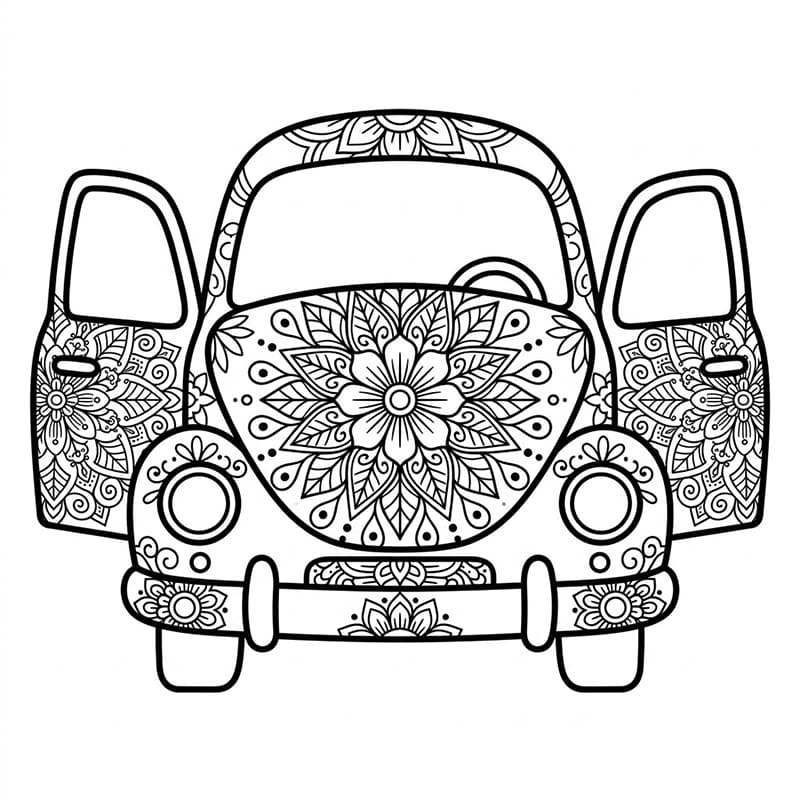 Coloriage Mandala: Voiture et fleurs Mandalas