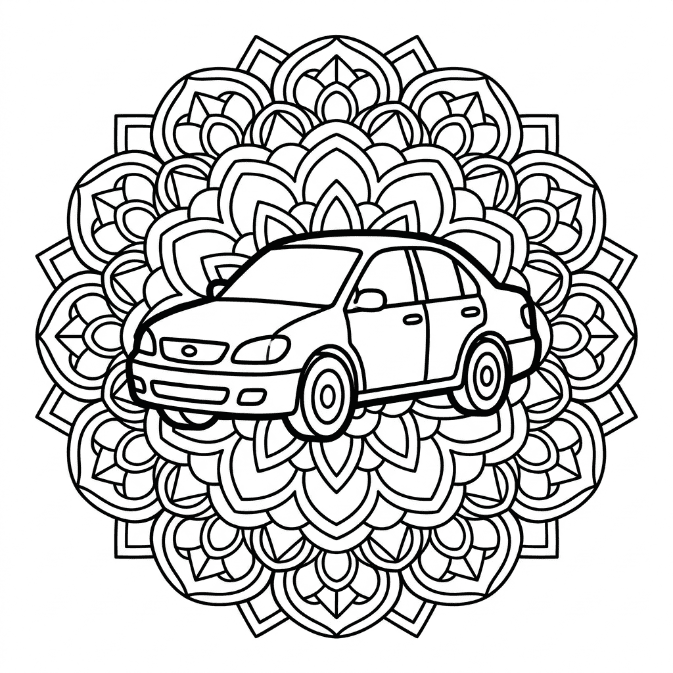 Coloriage Mandala: Voiture et motifs floraux Mandalas
