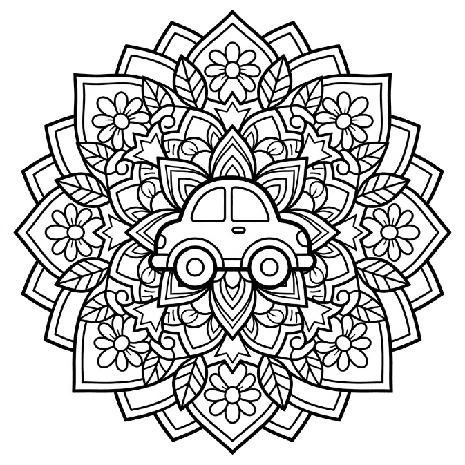 Coloriage Mandala: Voiture, fleurs et feuilles Mandalas
