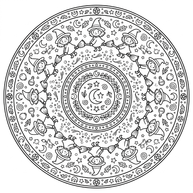Coloriage Mandala: Adorables sorcières Mandalas