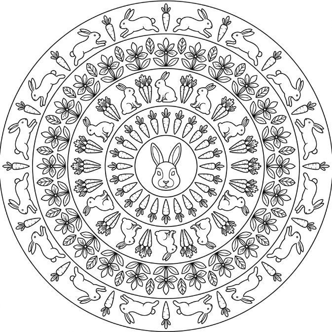 Coloriage Mandala: Carottes avec des lapins et des fleurs Mandalas