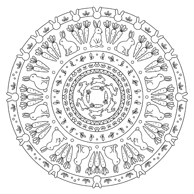 Coloriage Mandala: Carottes et lapins joueurs Mandalas