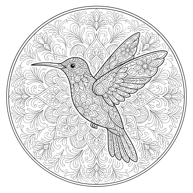 Coloriage Mandala: Colibri aux motifs délicats Mandalas