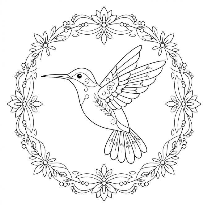 Coloriage Mandala: Colibri dans un cadre floral Mandalas