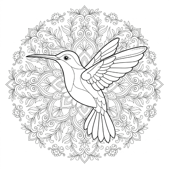 Coloriage Mandala: Colibri et des motifs floraux Mandalas