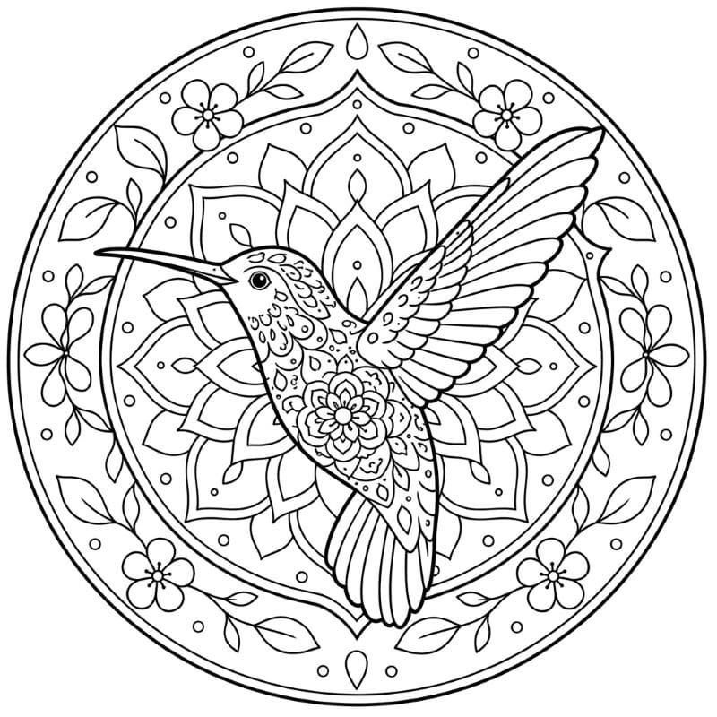 Coloriage Mandala: Colibri et fleurs Mandalas