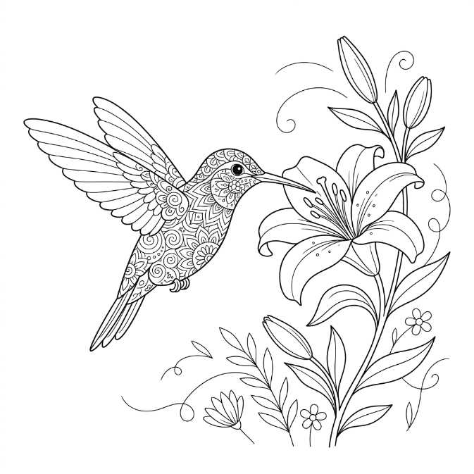 Coloriage Mandala: Colibri et lys Mandalas