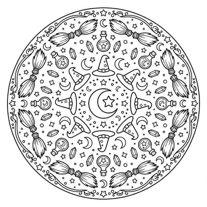 Coloriage Mandala: Éléments de sorcière Mandalas