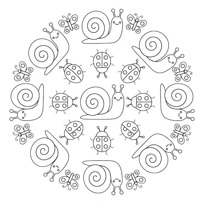 Coloriage Mandala: Escargots avec coccinelles et papillons Mandalas