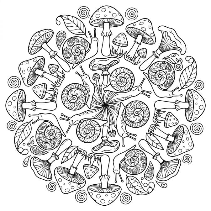 Coloriage Mandala: Escargots dans une champignonnière Mandalas