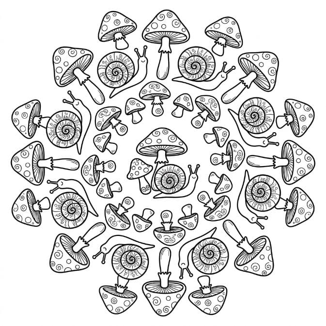 Coloriage Mandala: Escargots et champignons Mandalas
