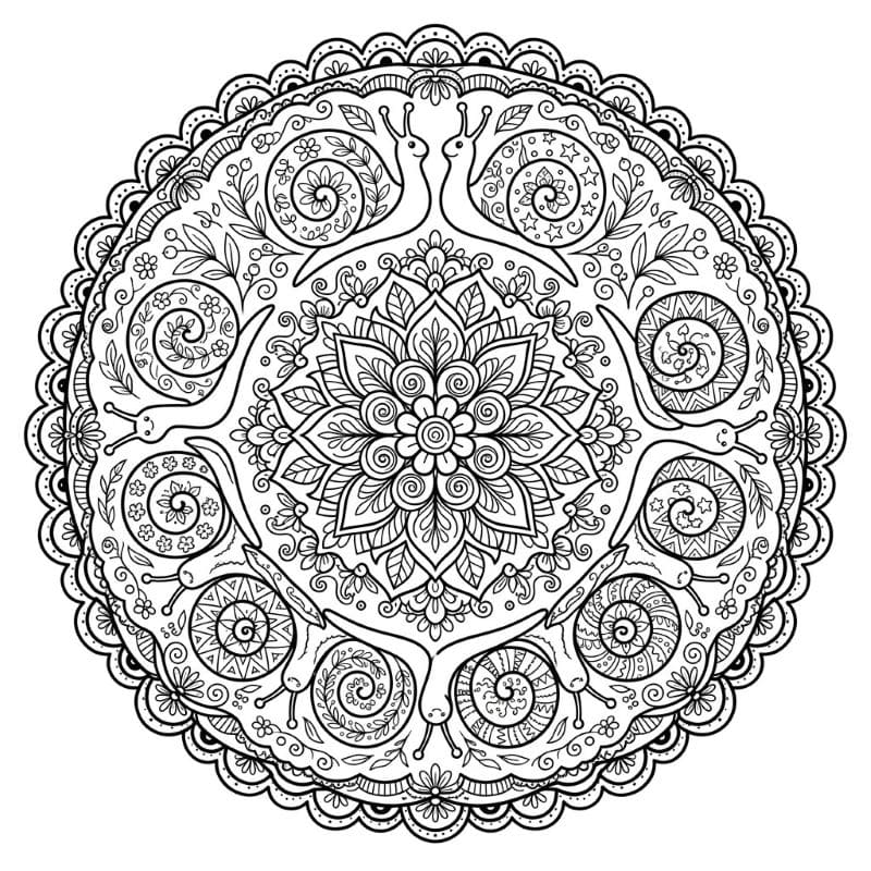 Coloriage Mandala: Escargots et éléments floraux Mandalas