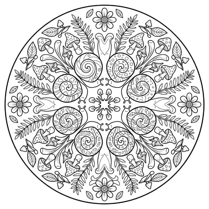 Coloriage Mandala: Escargots et éléments naturels Mandalas