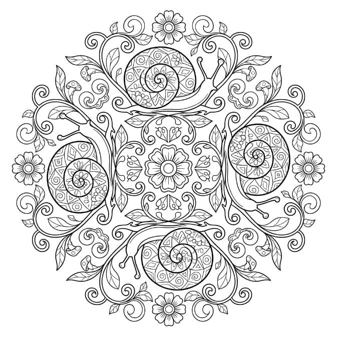 Coloriage Mandala: Escargots et fleurs Mandalas