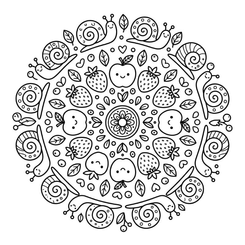 Coloriage Mandala: Escargots et fruits Mandalas