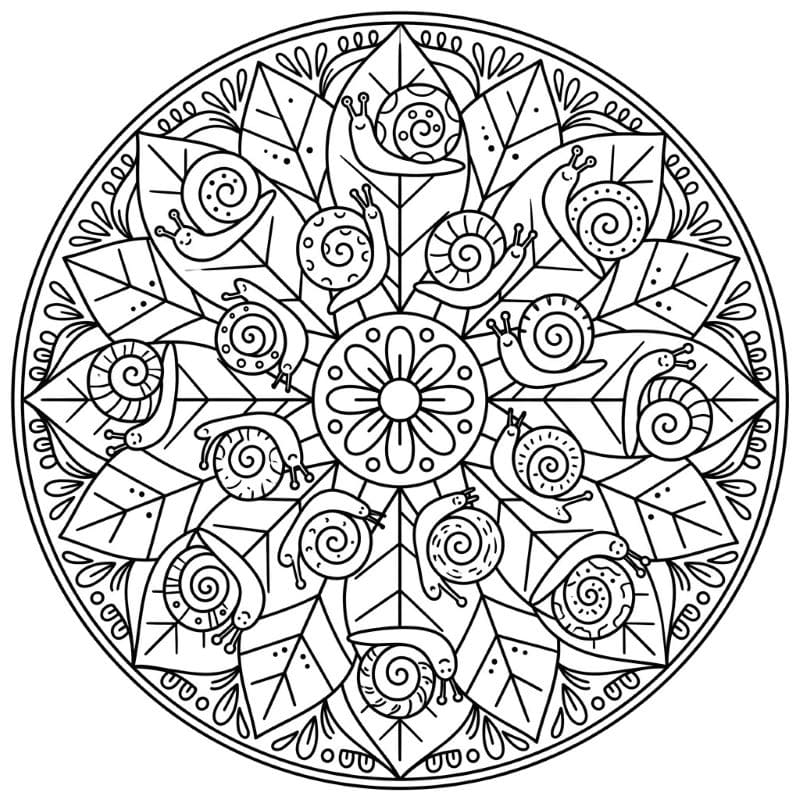 Coloriage Mandala: Escargots et grandes formes de feuilles Mandalas