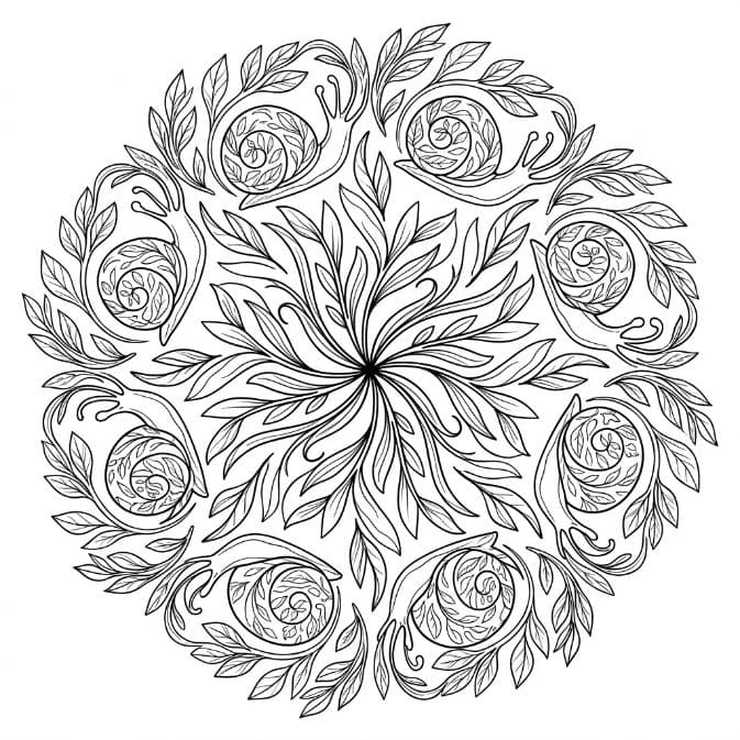 Coloriage Mandala: Escargots et plantes à feuilles Mandalas