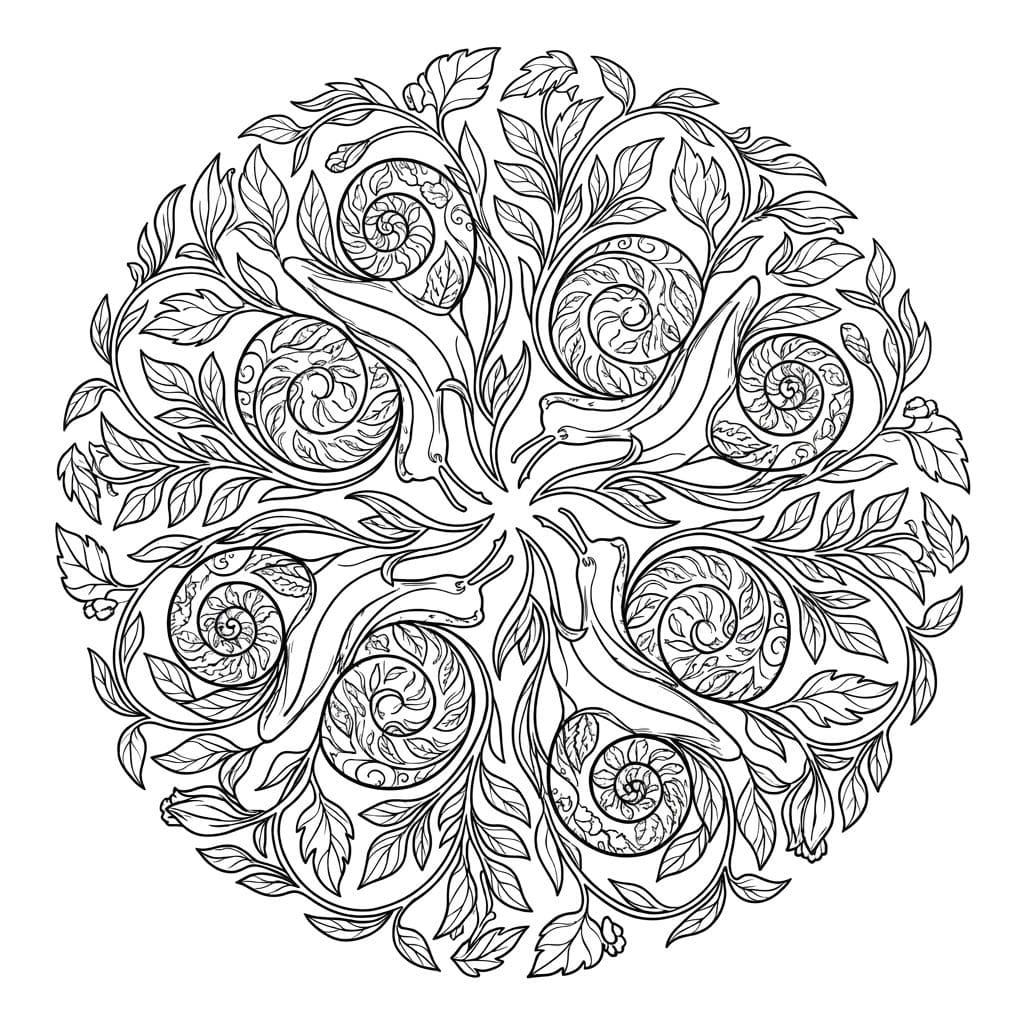 Coloriage Mandala: Escargots et vignes ondulantes Mandalas