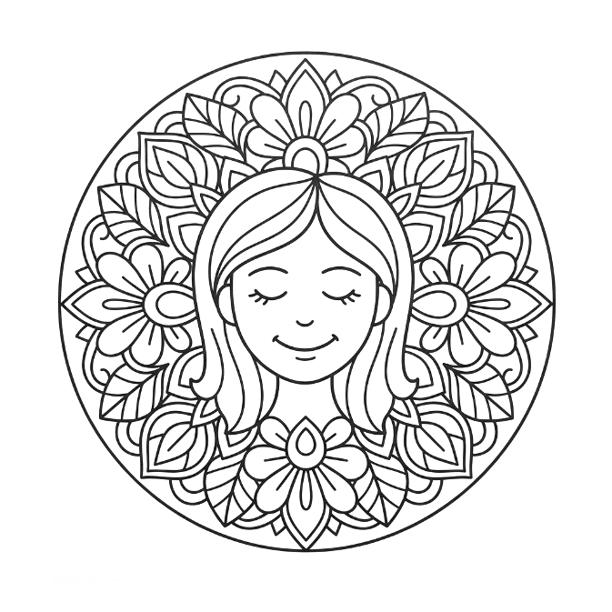 Coloriage Mandala: Femme avec des éléments floraux Mandalas