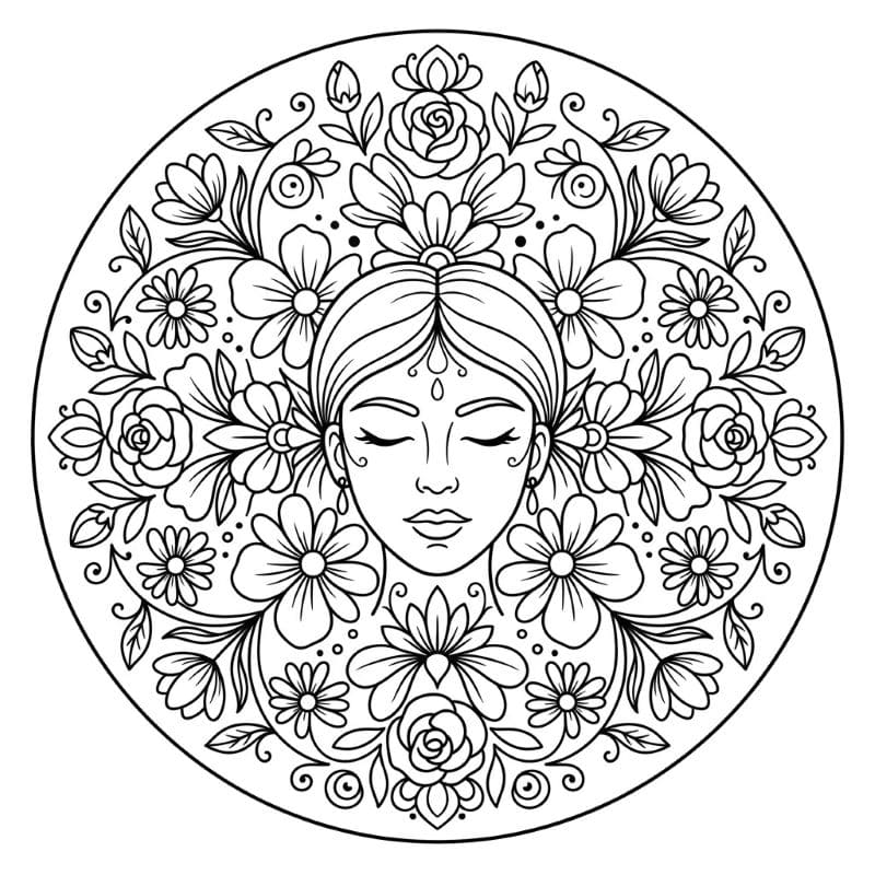 Coloriage Mandala: Femme avec des fleurs et des feuilles Mandalas