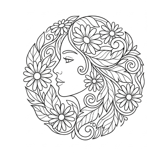 Coloriage Mandala: Femme et fleurs Mandalas